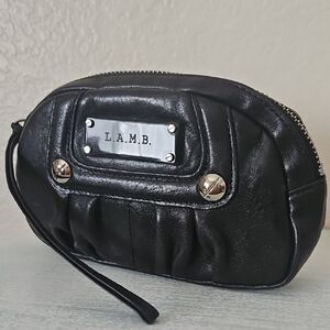 L.A.M.B. Small Black Leather Wristlet Cosmetic Zip Case Silver Details Like New!